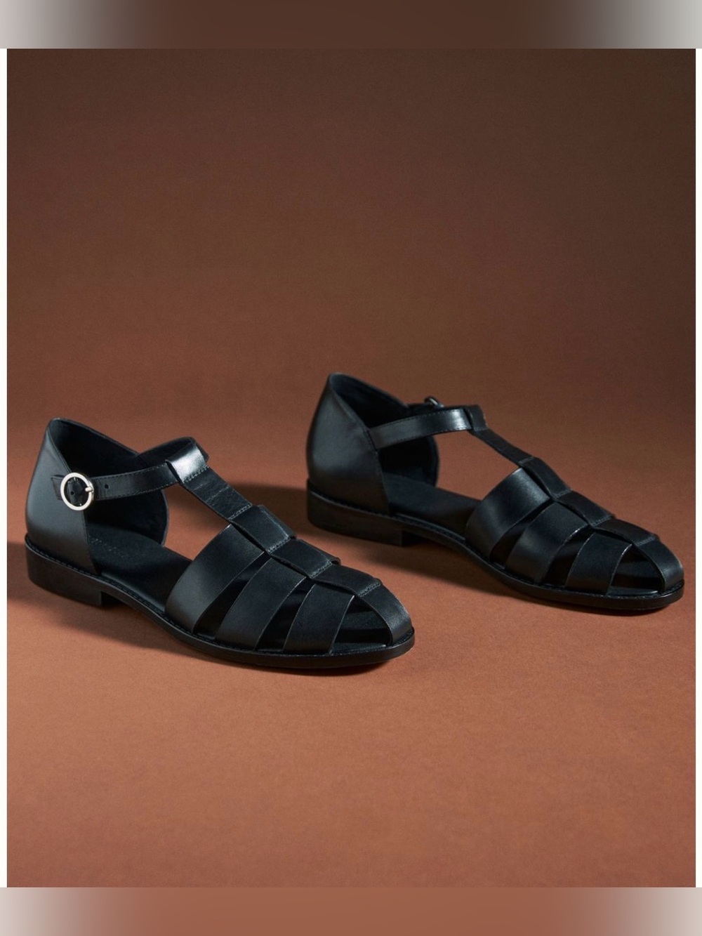 Anthropologie Pilcro Maris Fisherman Sandals 37 Black Leather Classic Cage Flats - Picture 3 of 15
